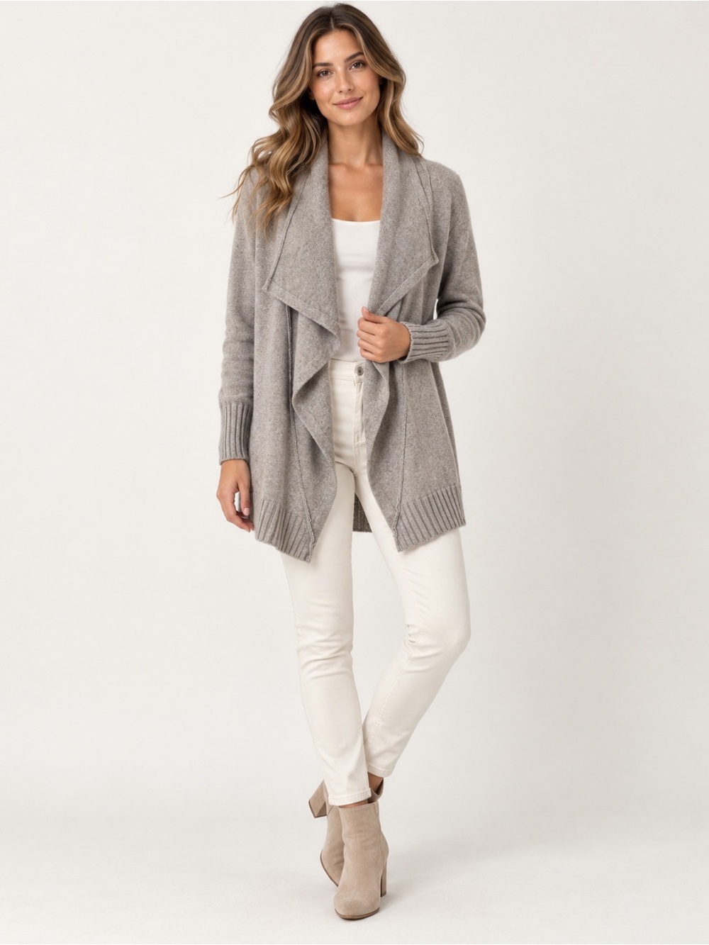 In Cashmere Cardigan Gray MEDIUM Open Front Reverse Seam Sweater 100% cashmere